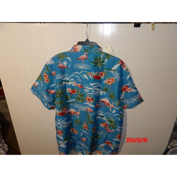 SSLR Mens‎ XL Blue Pink Flamingos and Palms Short Sleeve Button Hawaiian Shirt - Picture 2 of 4